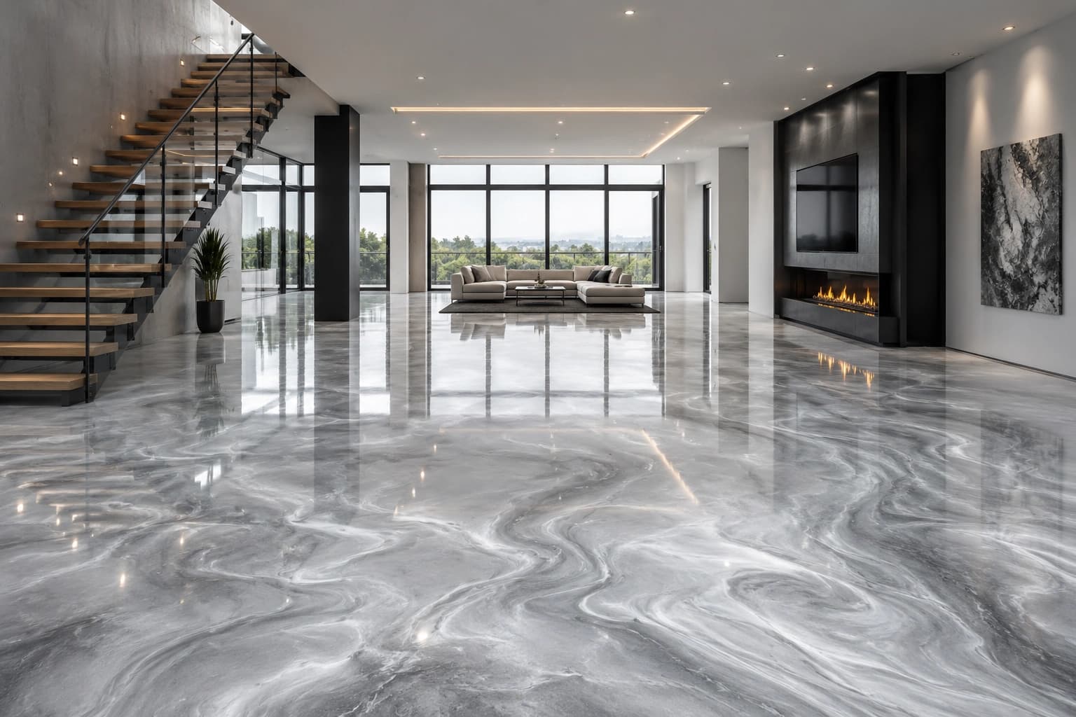 Architectural interior with a luminous silver epoxy floor
