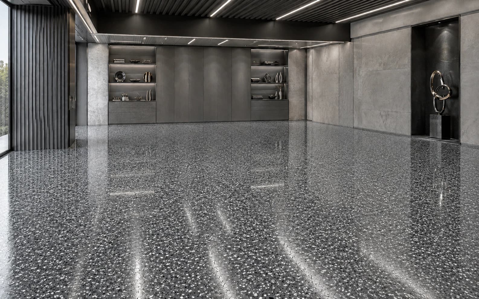 Graphite Storm decorative flake floor in an architectural showroom