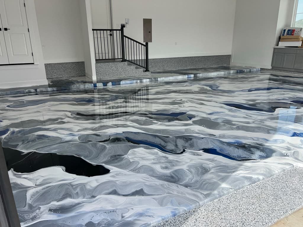 Completed silver, white, and charcoal metallic floor in a modern interior