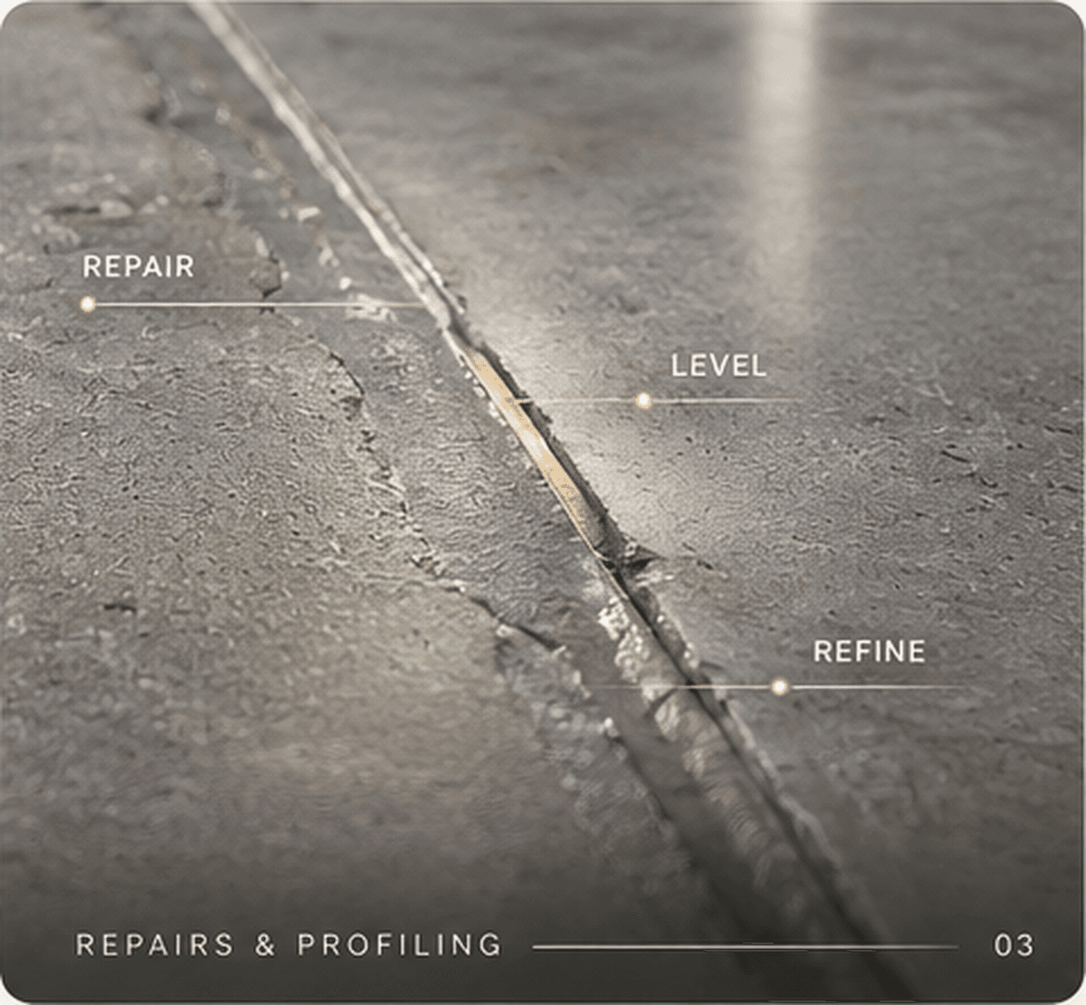 Repairs and profiling study showing a repaired, leveled, and refined joint