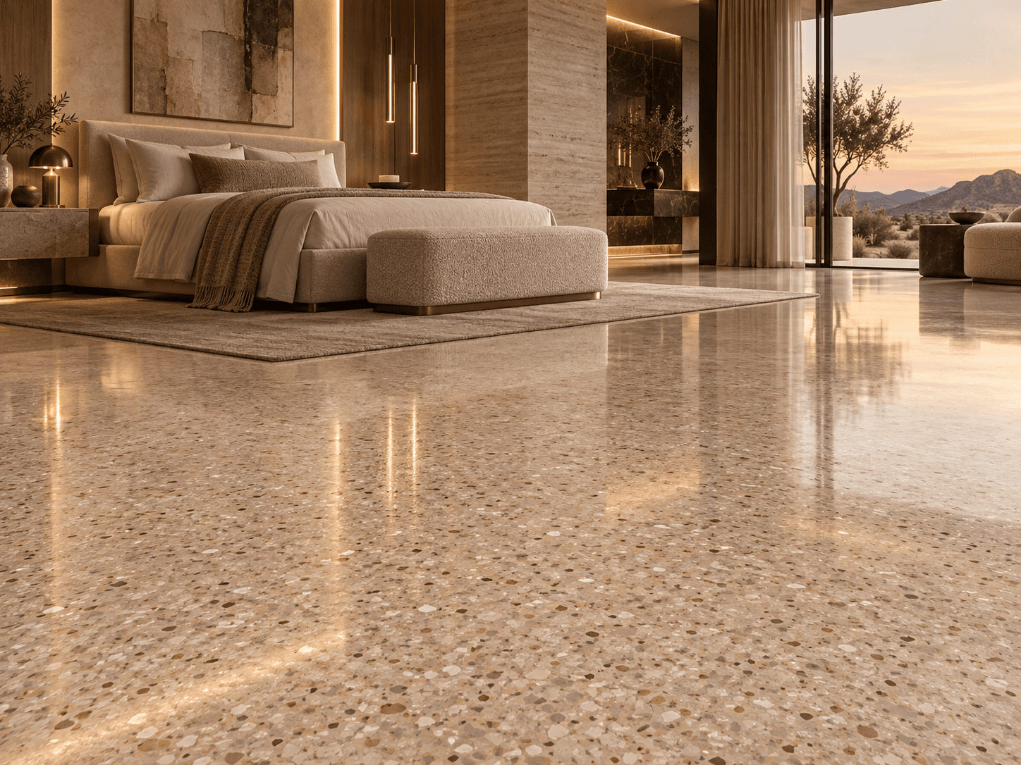 Bedroom / Suite application study with Desert Shell flake epoxy flooring