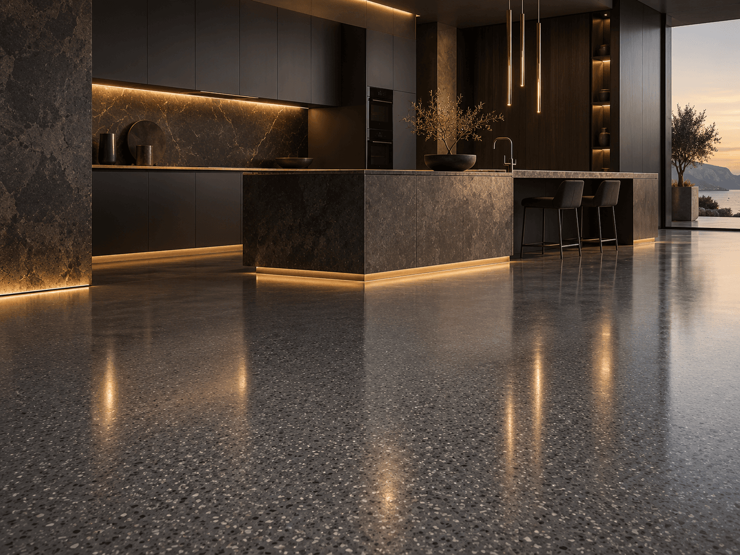 Kitchen application study with Steel Tide flake epoxy flooring